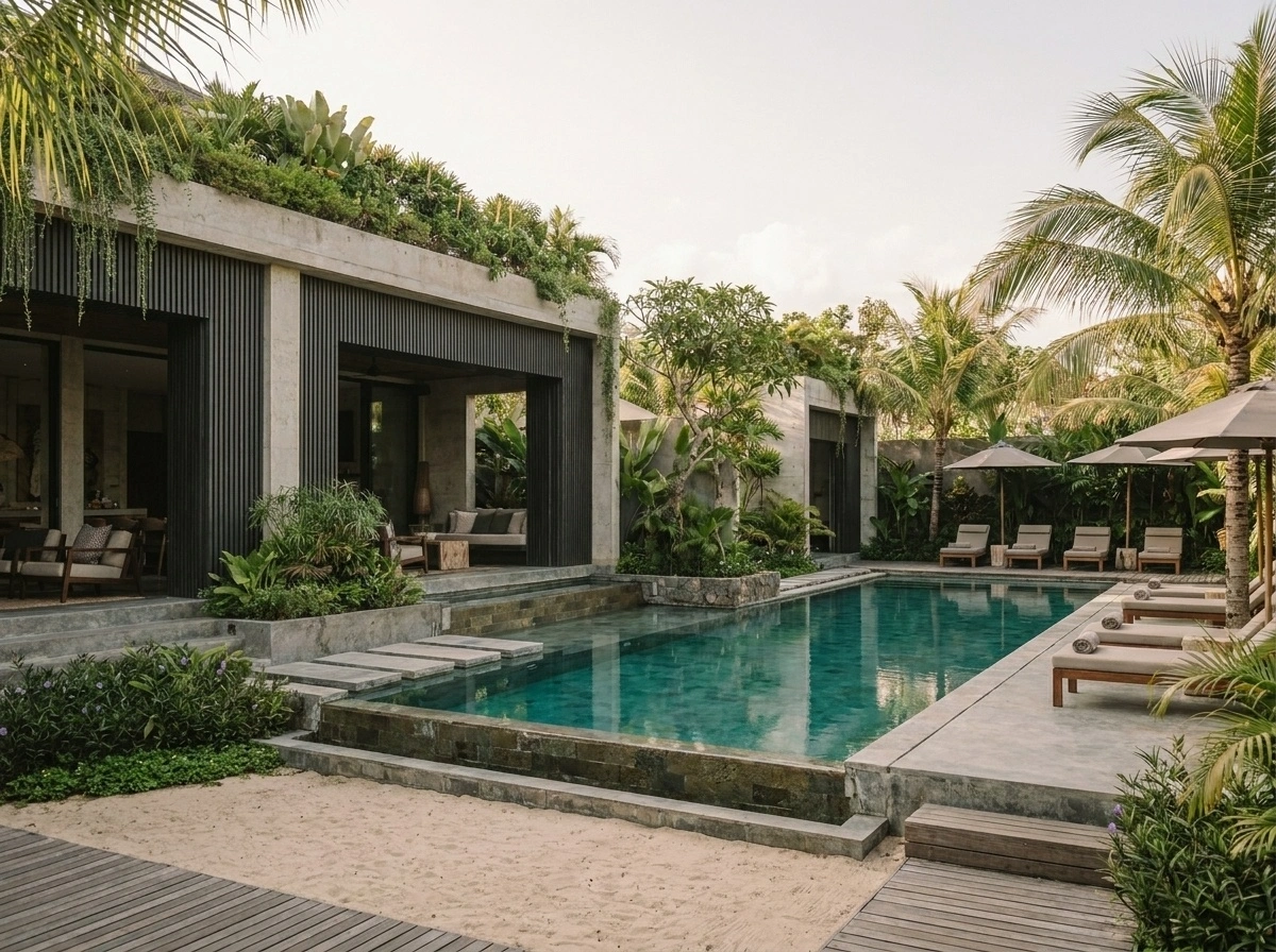 Tropical pool villa with concrete, palms, and shaded outdoor spaces