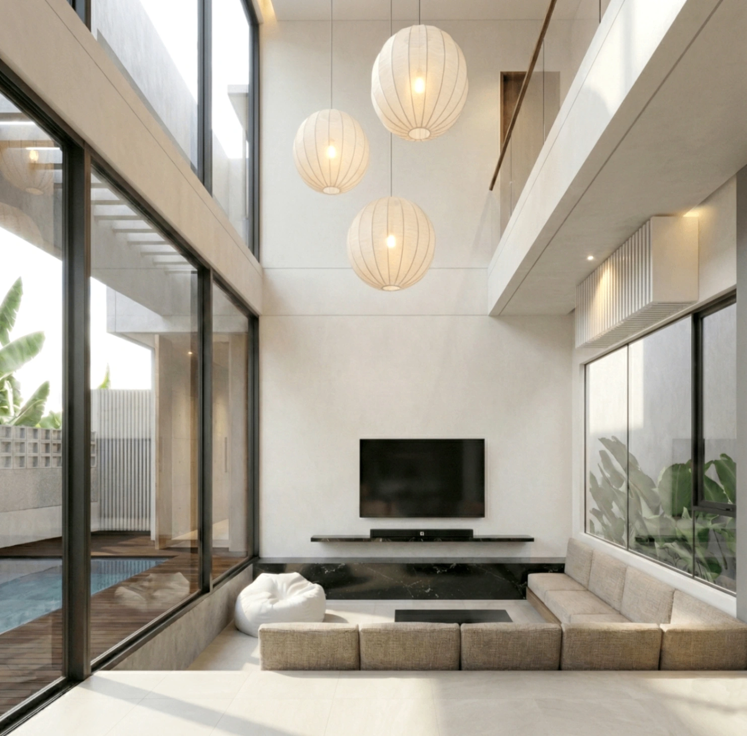 Bright interior living space with high ceiling and soft daylight